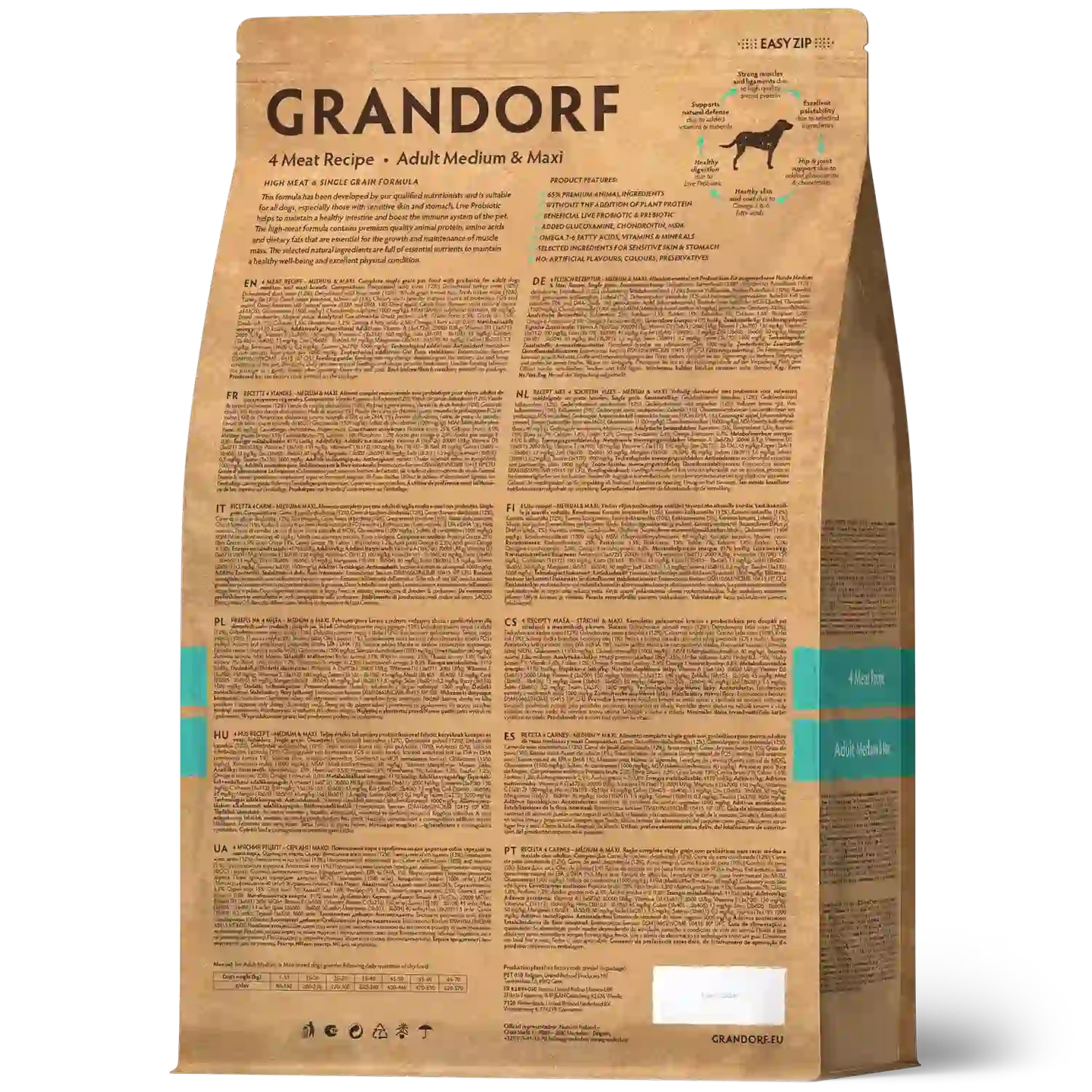 Hrana uscata pentru câini Grandorf, 4 Tipuri de Carne, pentru rase medii si mari, aspect produs