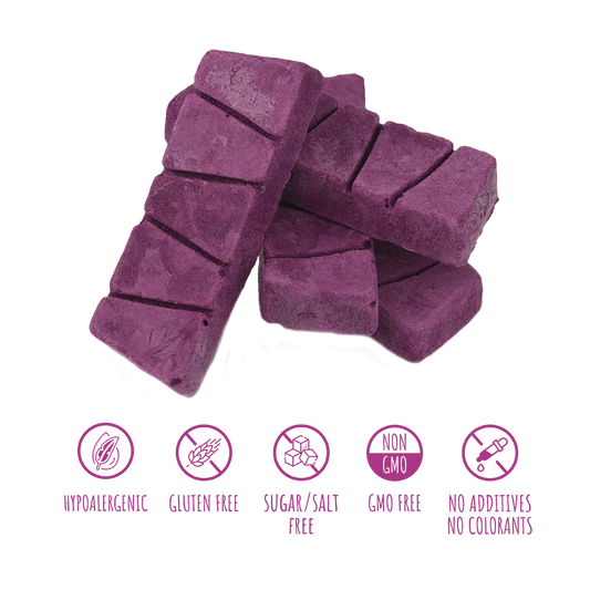 Recompense pentru câini MAVSY, fondant de ciocolata cu cartof violet, 50 g, produs în utilizare