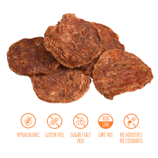 Recompense pentru câini MAVSY, chipsuri din rata cu seminte de chia si morcov, 50 g, produs în utilizare