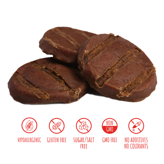 Recompense pentru câini MAVSY, medalioane din carne de miel in sos de rodii cu cimbru, 100 g, produs în utilizare