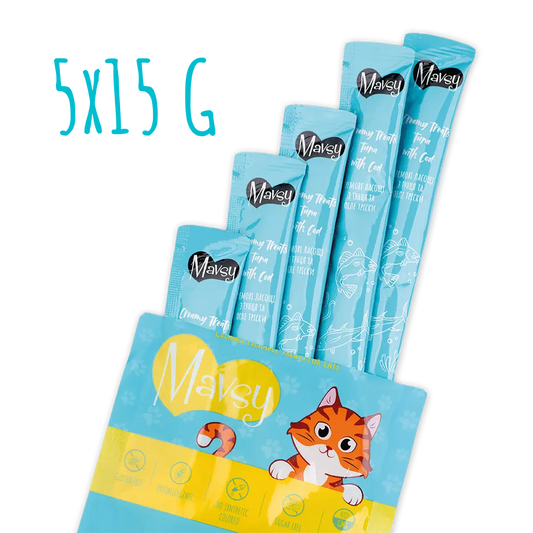 Recompense pentru pisici MAVSY, cu ton si cod, 75 g, produs în utilizare