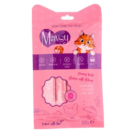 Recompense pentru pisici MAVSY, lasabile cu pui si somon, 75 g, ambalaj produs