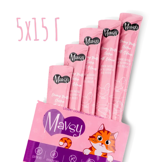 Recompense pentru pisici MAVSY, lasabile cu pui si somon, 75 g, produs în utilizare