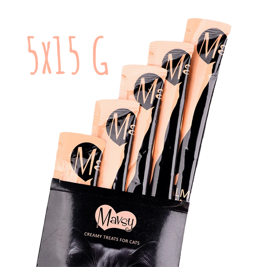 Recompense pentru pisici MAVSY, cu pateu de piept de rata, sufleu de merisor, 75 g, produs în utilizare