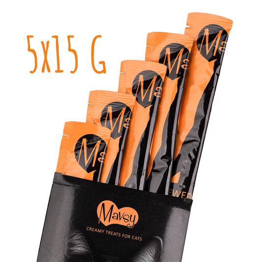 Recompense pentru pisici MAVSY, sub forma de iepure in tocana in sos de kaki copt cu seminte de chia, 75 g, produs în utilizare