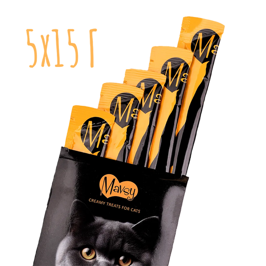 Recompense pentru pisici MAVSY, forma de marmelada vegana de mere cu seminte de plantain cu o urma de iarba de pisica, 75g, produs în utilizare