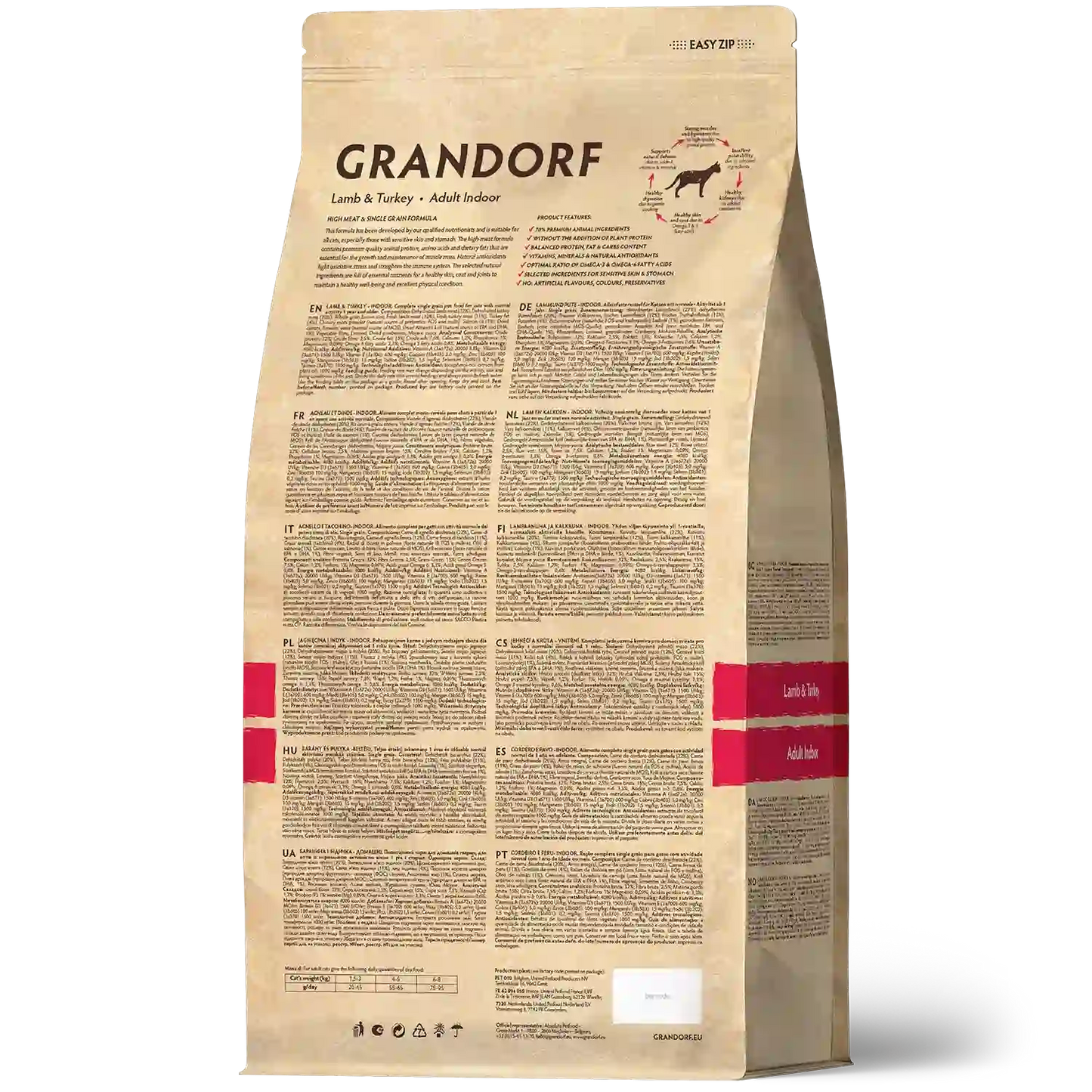 Hrana uscata pentru pisici Grandorf, cu Miel & Curcan, pentru Pisici Adulti Indoor, aspect produs