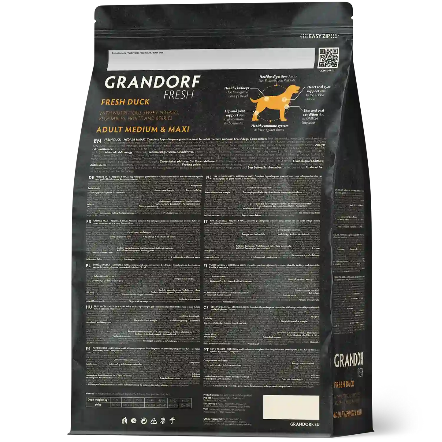 Hrana uscata pentru câini Grandorf, Carne proaspata de rata cu cartof dulce, pentru rase medii si mari, aspect produs