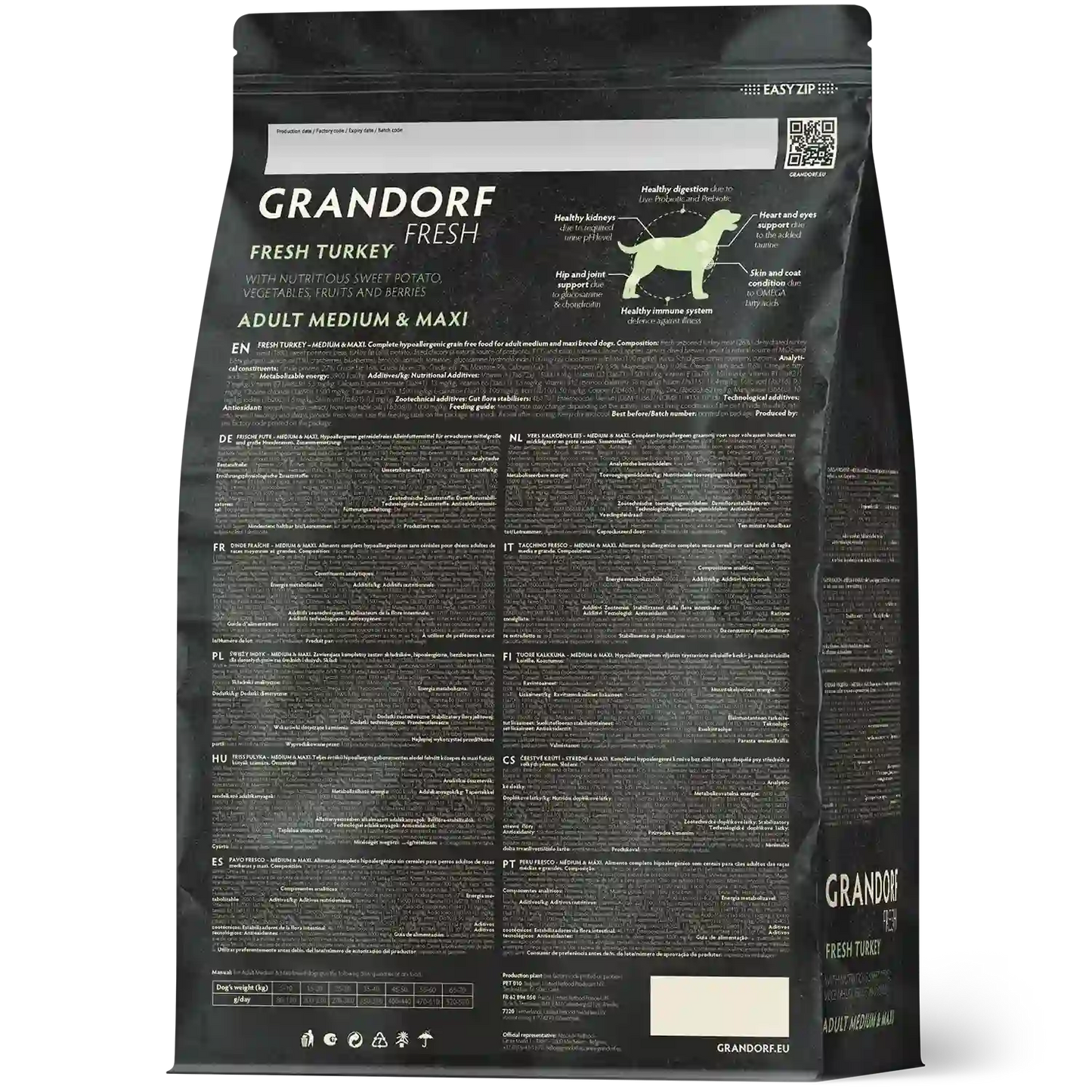 Hrana uscata pentru câini Grandorf, Carne proaspata de curcan cu cartof dulce, pentru rase medii si mari, aspect produs