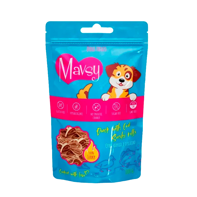 Recompense pentru caini MAVSY, rata cu rulouri de sushicu cod, 100 g, ambalaj produs