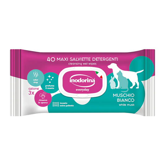 Inodorina Everyday Muschio Bianco, șervețele umede pentru câini și pisici, parfum mosc alb, 40 buc