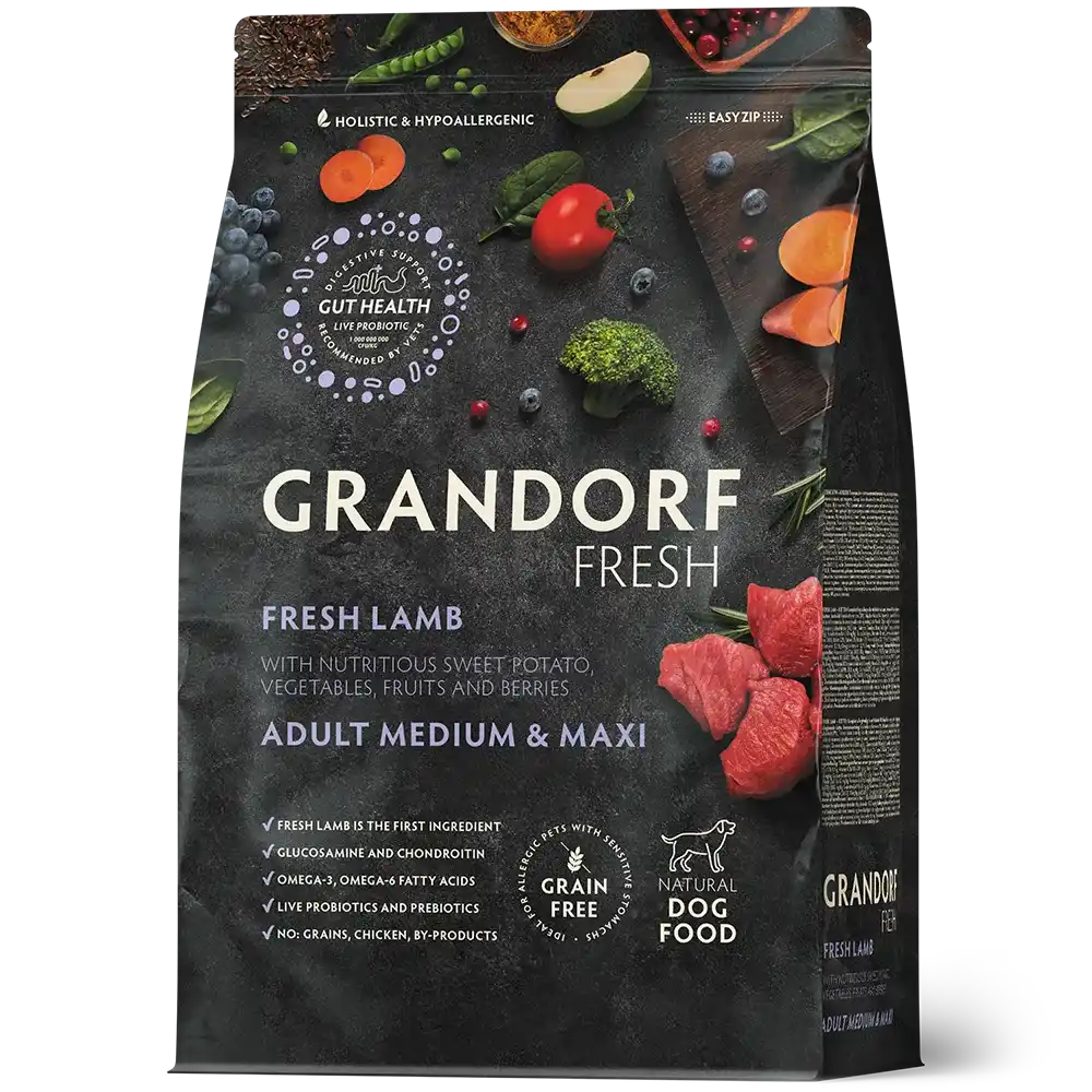 Hrana uscata pentru câini Grandorf, Carne proaspata de miel cu cartof dulce, pentru rase medii si mari, ambalaj produs