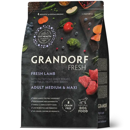 Hrana uscata pentru câini Grandorf, Carne proaspata de miel cu cartof dulce, pentru rase medii si mari, ambalaj produs