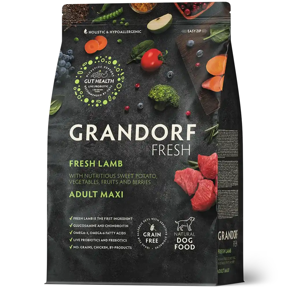 Hrana uscata pentru câini Grandorf, Carne proaspata de miel cu cartof dulce, pentru rase mari, ambalaj produs