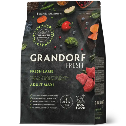 Hrana uscata pentru câini Grandorf, Carne proaspata de miel cu cartof dulce, pentru rase mari, ambalaj produs