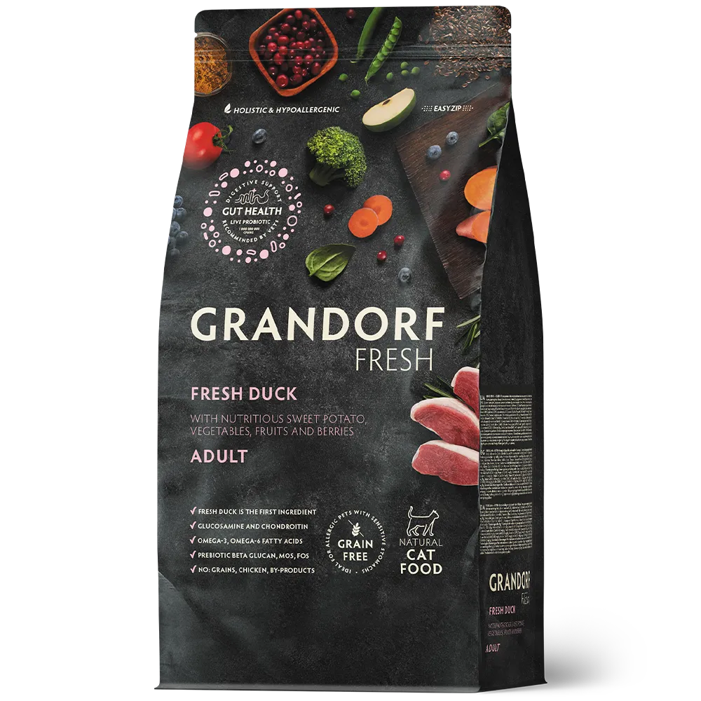 Hrana uscata pentru pisici Grandorf, cu Carne de Rata Proaspata si Cartofi Dulci, pentru Pisici Adulti