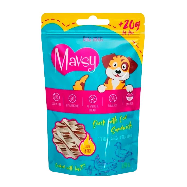 Recompense pentru caini MAVSY, rata cu sandwich de cod, 120 g, ambalaj produs