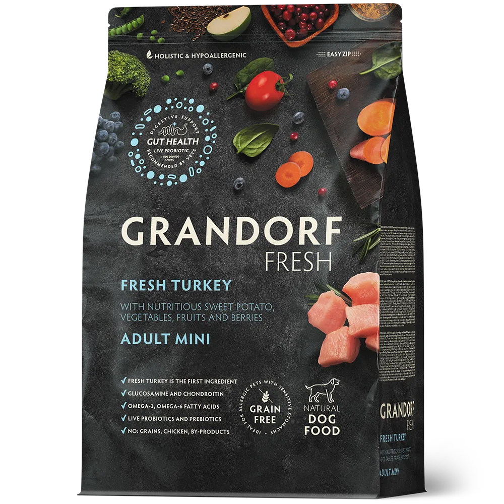 Суха храна за кучета Grandorf, прясно пуешко месо със сладки картофи, за малки породи