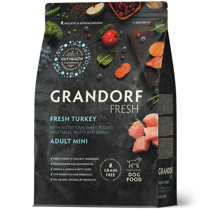 Суха храна за кучета Grandorf, прясно пуешко месо със сладки картофи, за малки породи