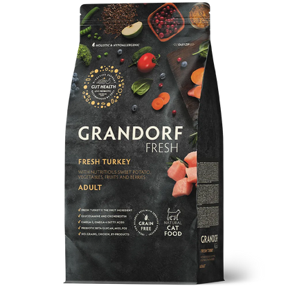Hrana uscata pentru pisici Grandorf, cu Carne de Curcan Proaspata si Cartofi Dulci, pentru Pisici Adulti