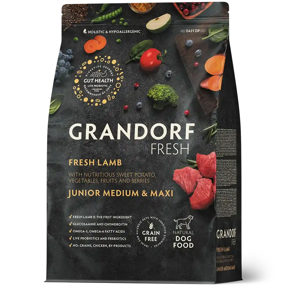Hrana uscata pentru câini Grandorf, Carne proaspata de miel cu cartof dulce, pentru juniori de rase medii si mari, ambalaj produs