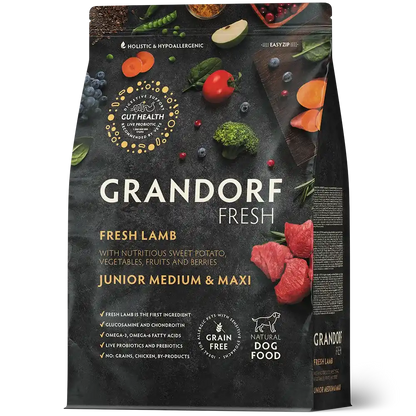 Hrana uscata pentru câini Grandorf, Carne proaspata de miel cu cartof dulce, pentru juniori de rase medii si mari, ambalaj produs