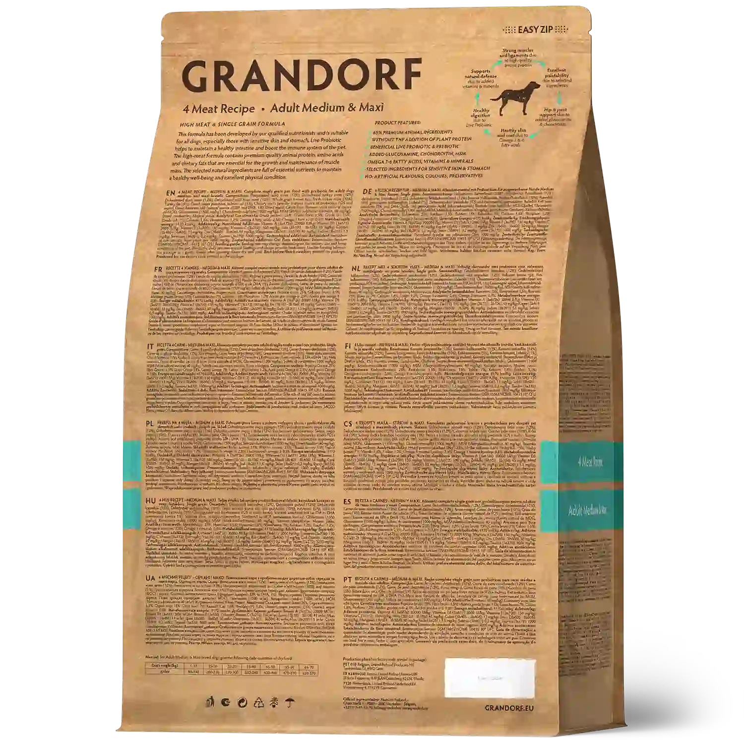 Hrana uscata pentru câini Grandorf, 4 Tipuri de Carne, pentru rase medii si mari, aspect produs