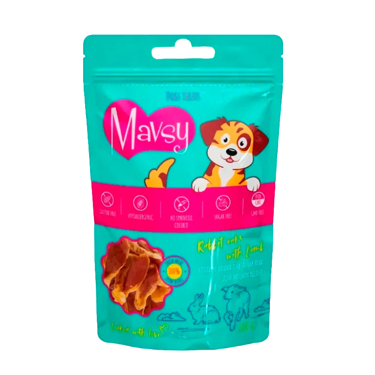 Recompense pentru caini MAVSY, cu urechi de iepure si miel, 100 g, ambalaj produs