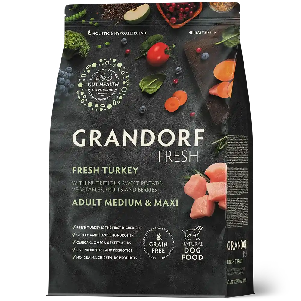 Hrana uscata pentru câini Grandorf, Carne proaspata de curcan cu cartof dulce, pentru rase medii si mari, ambalaj produs