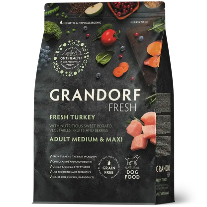 Hrana uscata pentru câini Grandorf, Carne proaspata de curcan cu cartof dulce, pentru rase medii si mari, ambalaj produs