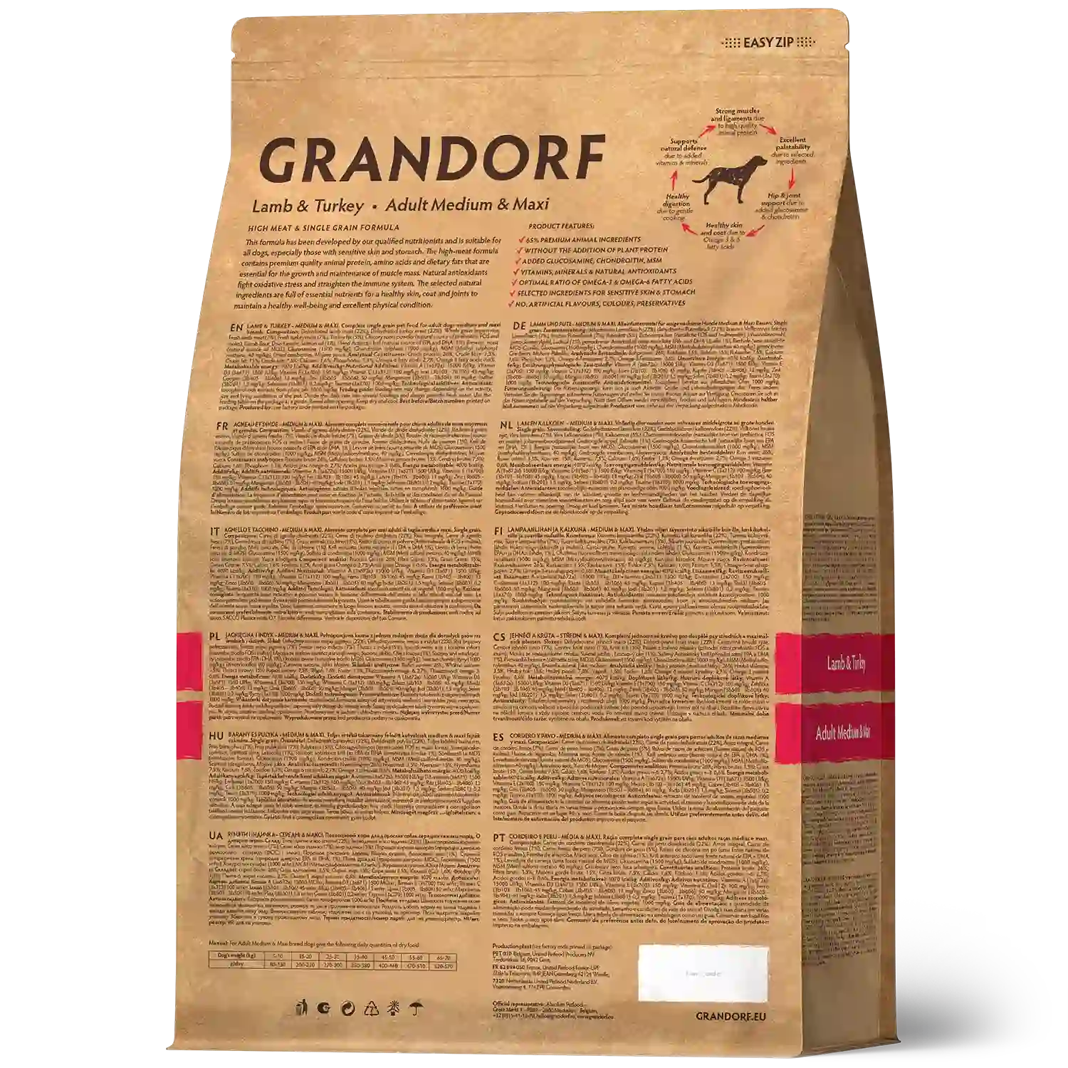 Hrana uscata pentru câini Grandorf, Miel si Curcan, pentru rase medii si mari, aspect produs