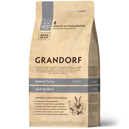 Hrana uscata pentru pisici Grandorf, cu Iepure & Curcan, pentru Pisici Adulti Sterilizate