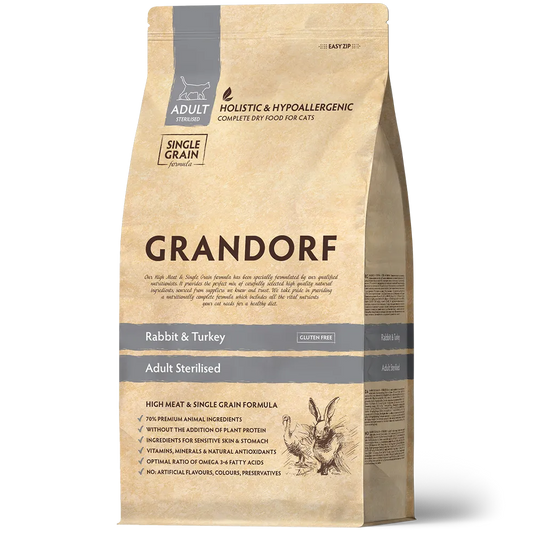 Hrana uscata pentru pisici Grandorf, cu Iepure & Curcan, pentru Pisici Adulti Sterilizate