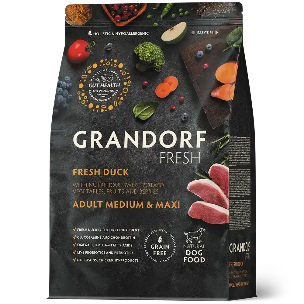Hrana uscata pentru câini Grandorf, Carne proaspata de rata cu cartof dulce, pentru rase medii si mari, ambalaj produs