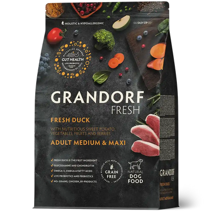 Hrana uscata pentru câini Grandorf, Carne proaspata de rata cu cartof dulce, pentru rase medii si mari, ambalaj produs