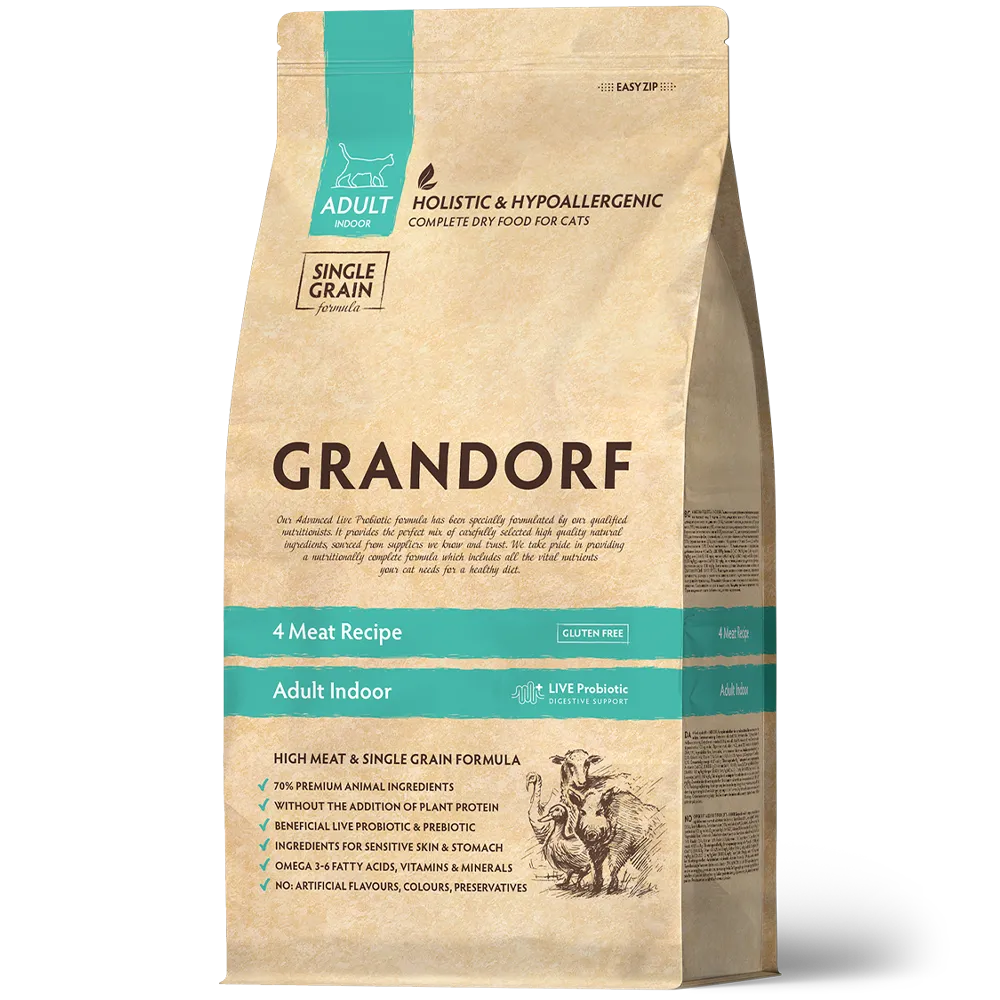 Hrana uscata pentru pisici Grandorf, cu 4 Tipuri de Carne, pentru Pisici Adulti Indoor