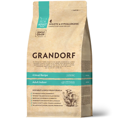 Hrana uscata pentru pisici Grandorf, cu 4 Tipuri de Carne, pentru Pisici Adulti Indoor