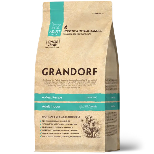 Hrana uscata pentru pisici Grandorf, cu 4 Tipuri de Carne, pentru Pisici Adulti Indoor, ambalaj produs