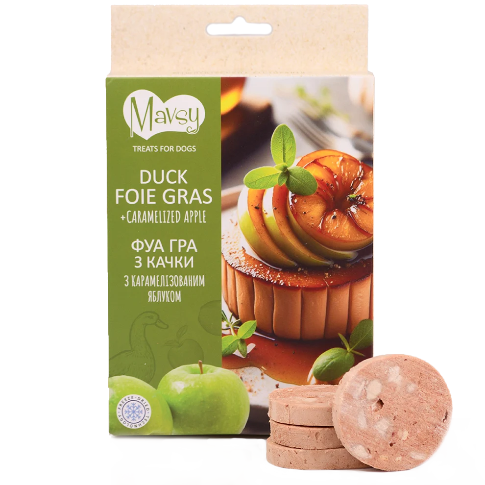 Recompense pentru câini MAVSY, foie gras din rata cu mar caramelizat, 50 g
