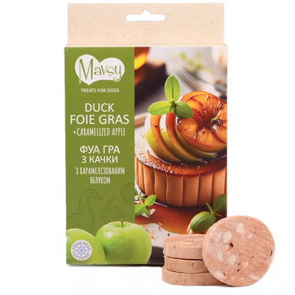Recompense pentru câini MAVSY, foie gras din rata cu mar caramelizat, 50 g
