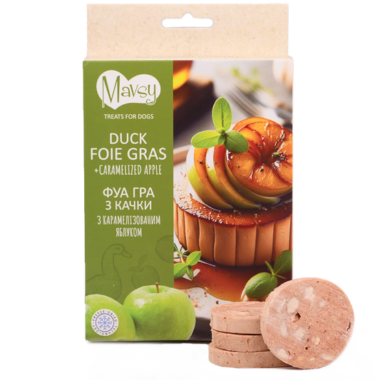 Recompense pentru câini MAVSY, foie gras din rata cu mar caramelizat, 50 g