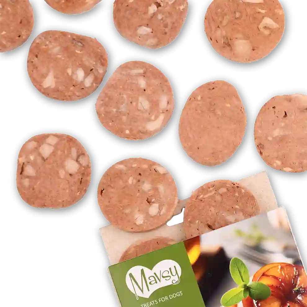 Recompense pentru câini MAVSY, foie gras din rata cu mar caramelizat, 50 g