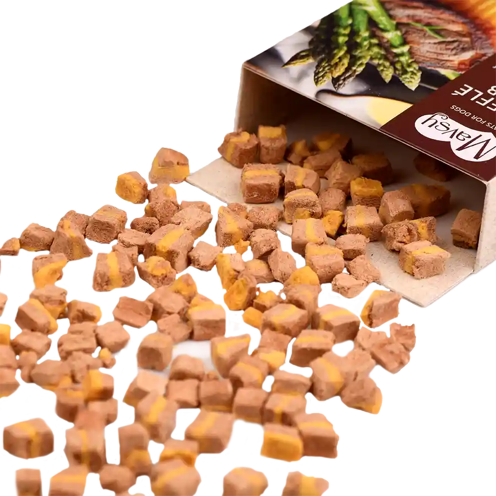 Recompense pentru câini MAVSY, din carne de miel cu sparanghel in sos olandez, 50 g, aspect produs