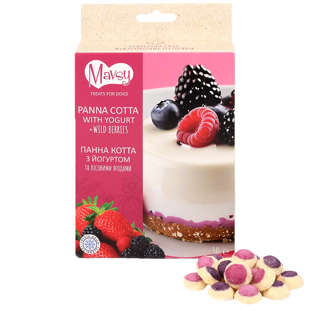 Recompense pentru câini MAVSY, panna cotta cu iaurt si fructe de padure, 50 g, ambalaj produs