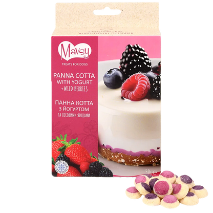 Recompense pentru câini MAVSY, panna cotta cu iaurt si fructe de padure, 50 g, ambalaj produs