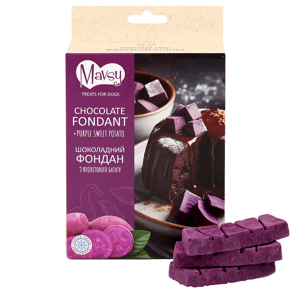 Лакомства за кучета MAVSY, шоколадов фондан с лилав картоф, 50 г