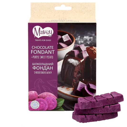 Recompense pentru câini MAVSY, fondant de ciocolata cu cartof violet, 50 g