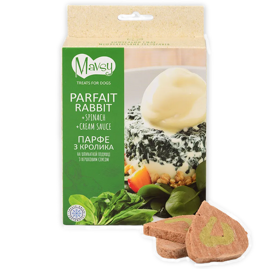 Recompense pentru câini MAVSY, parfe din carne de iepure pe un pat de spanac cu sos cremos, 50 g