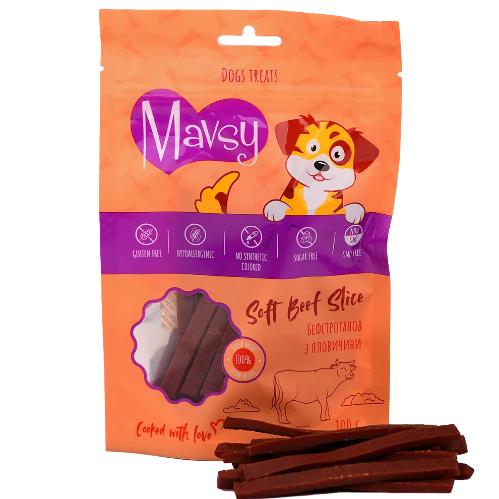 Recompense pentru câini MAVSY, slice cu vita, 100 g, ambalaj produs