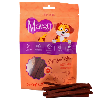Recompense pentru câini MAVSY, slice cu vita, 100 g, ambalaj produs